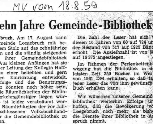 "Zehn Jahre Gemeinde-Bibliothek" Beitrag in der Märkischen Volksstimme vom 18. August 1959