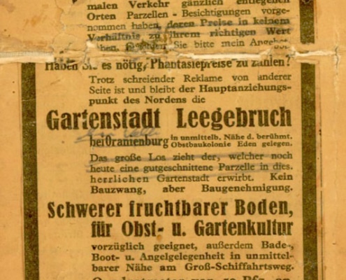 Anzeige, deren genauer Erscheinungsort und -datum sich nicht ermitteln ließ. (Veröffentlichung mit freundlicher Genehmigung der Gemeindeverwaltung Leegebruch)